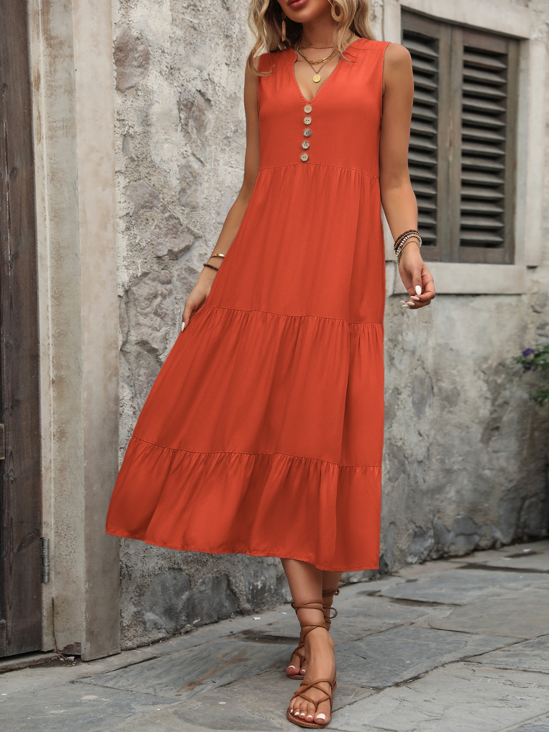Decorative Button Notched Sleeveless Dress - Luminous Bear Shop