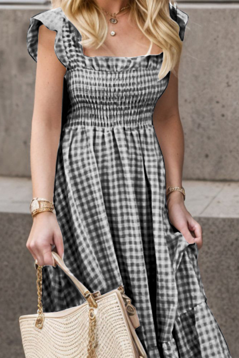 Full Size Smocked Ruffled Plaid Ruffle Hem Dress - Luminous Bear Shop