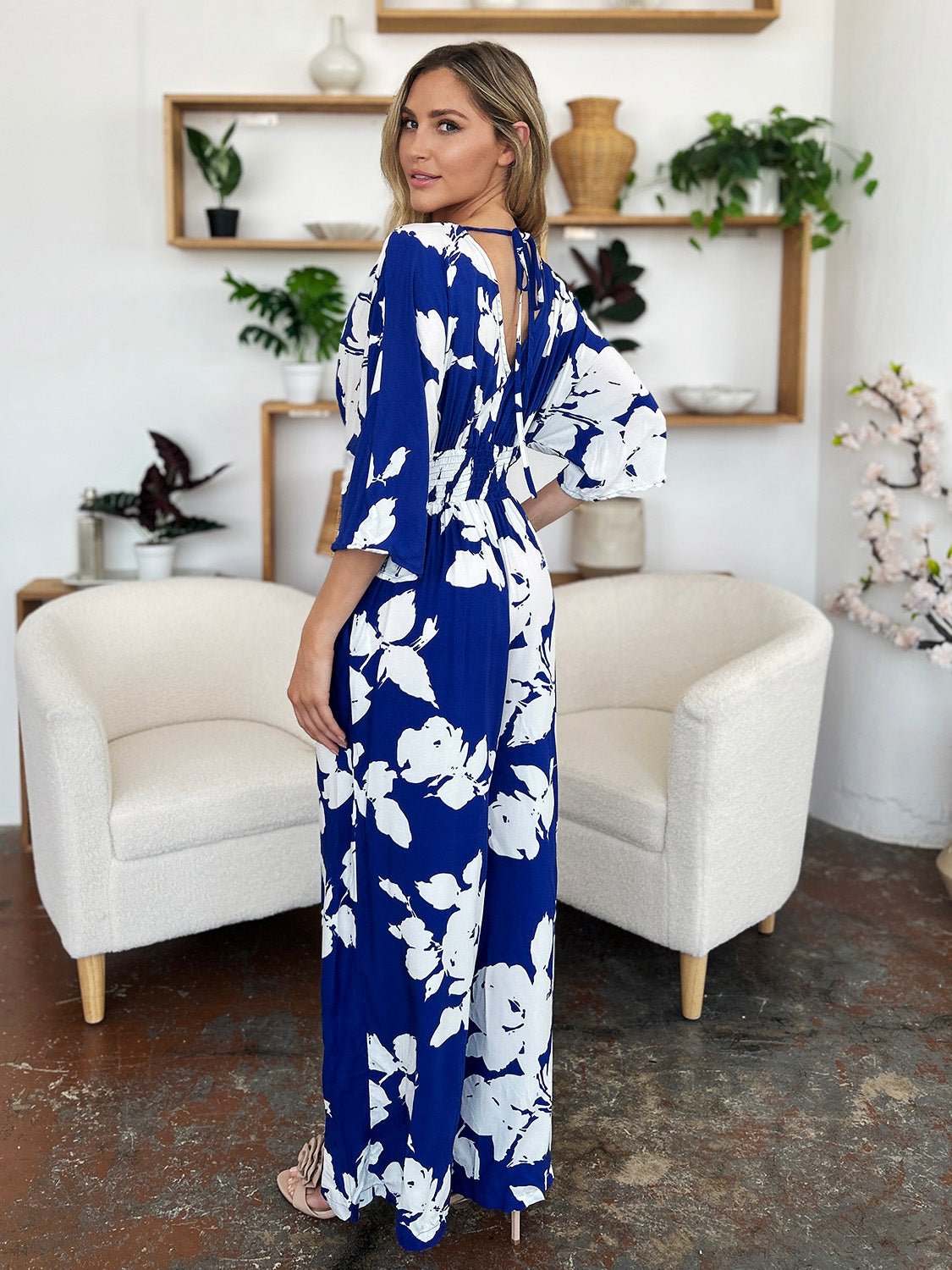 Double Take Full Size Printed Tie Back Wide Leg Jumpsuit - Luminous Bear Shop