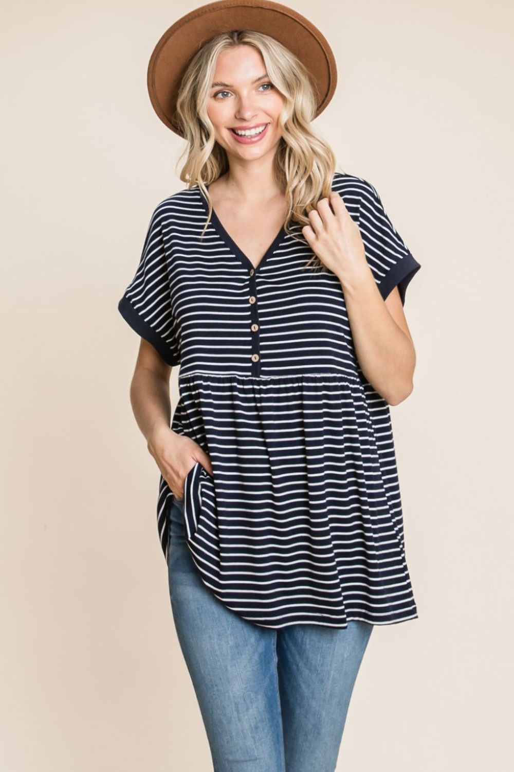 Cotton Bleu by Nu Label Striped Button Front Baby Doll Top - Luminous Bear Shop