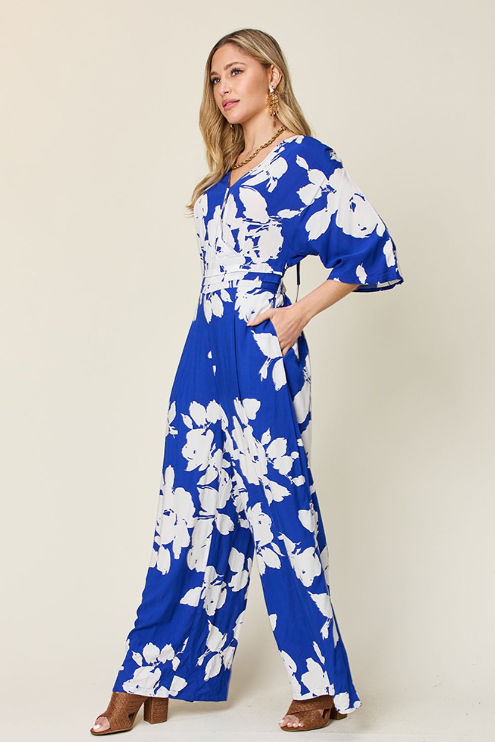 Double Take Full Size Printed Tie Back Wide Leg Jumpsuit - Luminous Bear Shop