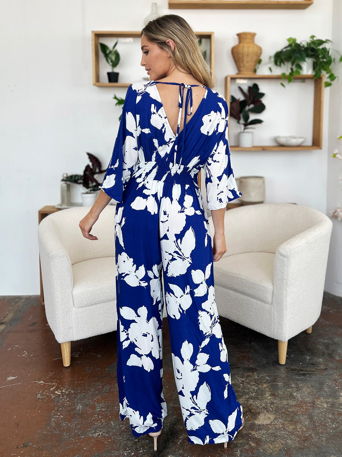 Double Take Full Size Printed Tie Back Wide Leg Jumpsuit - Luminous Bear Shop