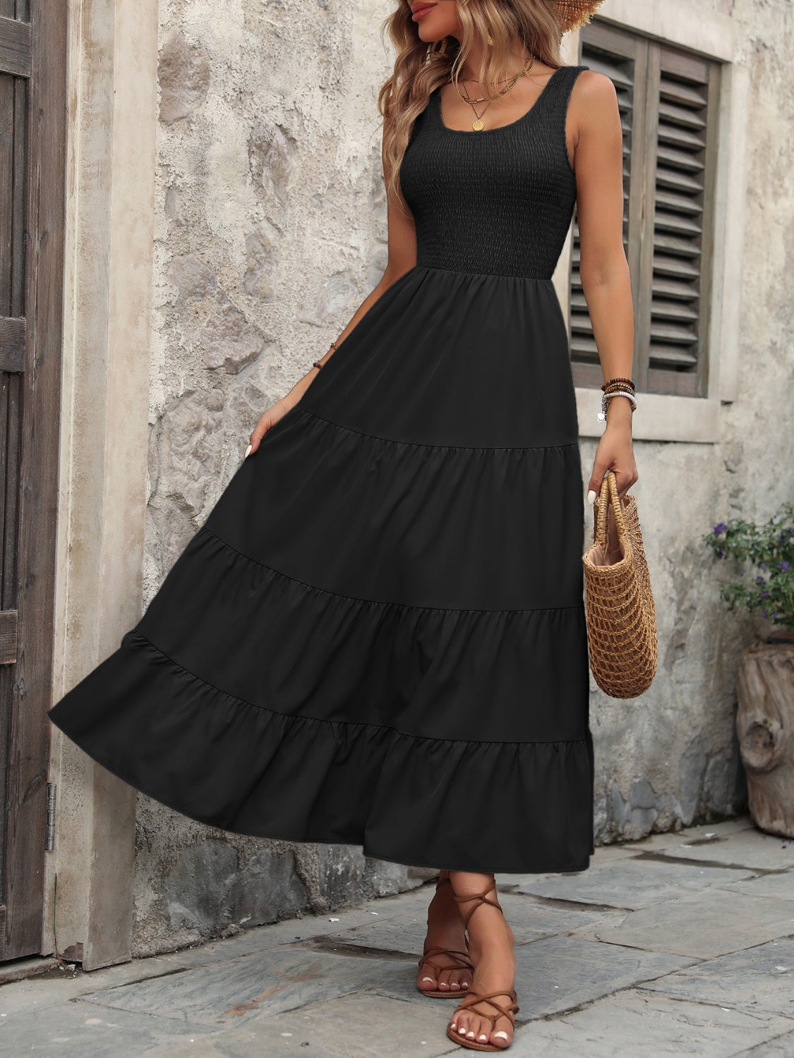 Smocked Scoop Neck Sleeveless Tank Dress - Luminous Bear Shop