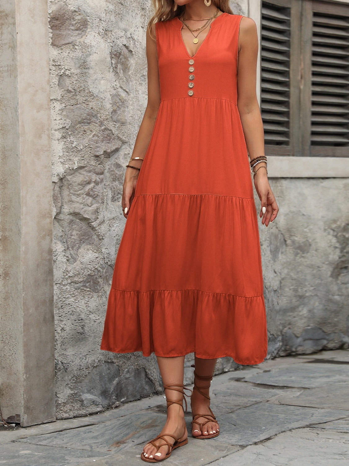 Decorative Button Notched Sleeveless Dress - Luminous Bear Shop