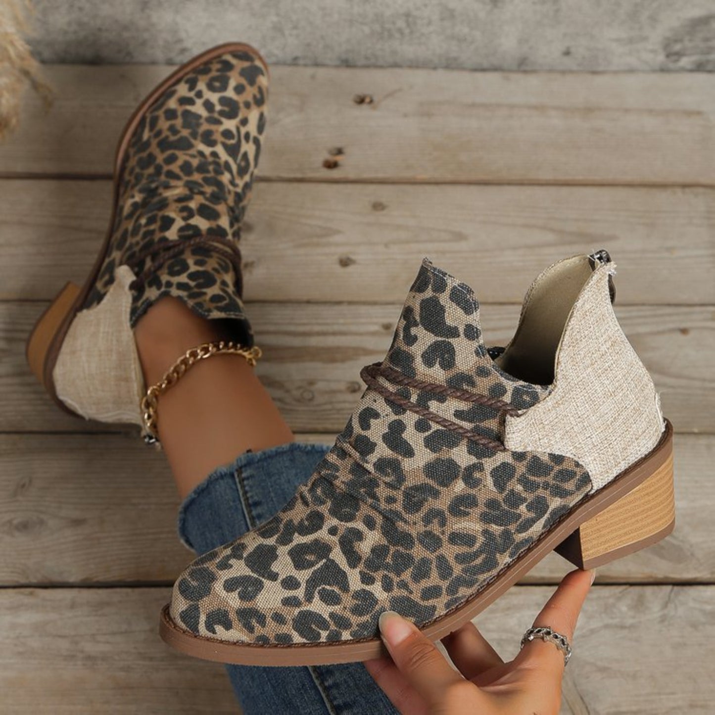 Contrast Canvas Low Heel Boots - Luminous Bear Shop