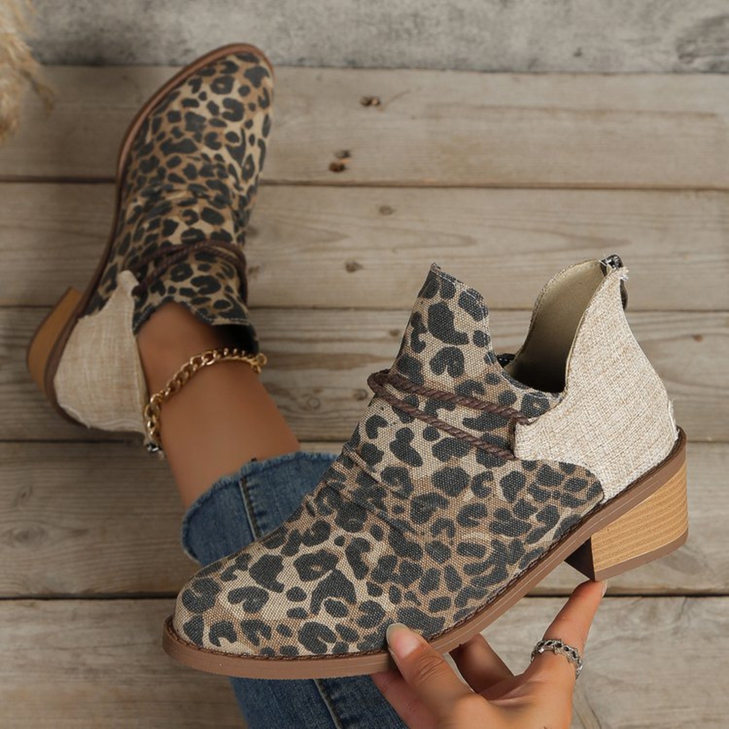 Contrast Canvas Low Heel Boots - Luminous Bear Shop