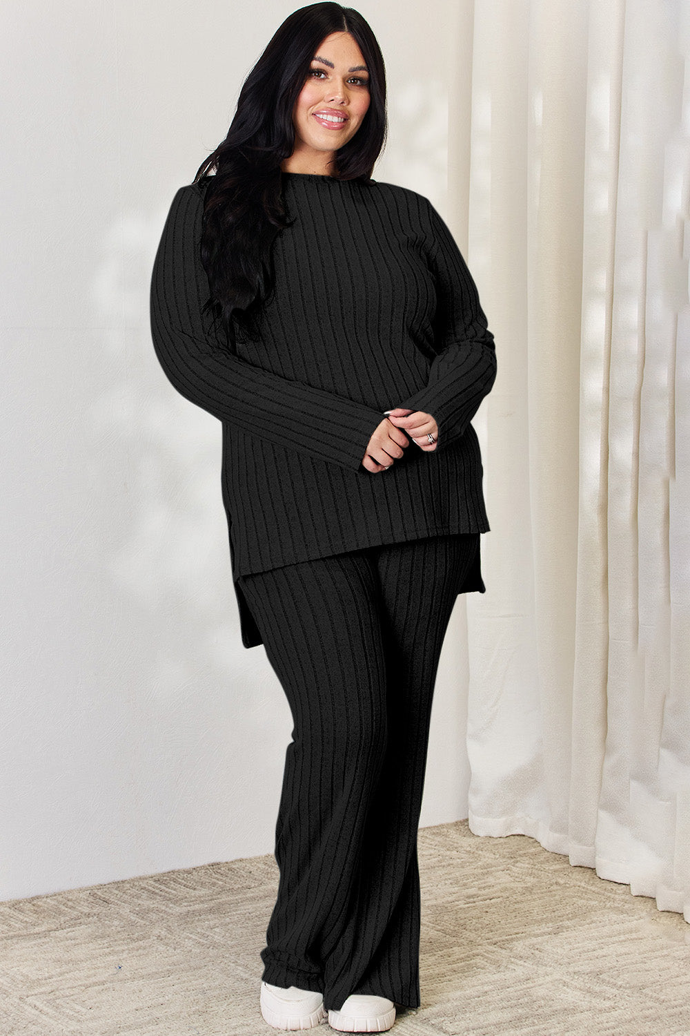 Basic Bae Full Size Ribbed High-Low Top and Wide Leg Pants Set - Luminous Bear Shop