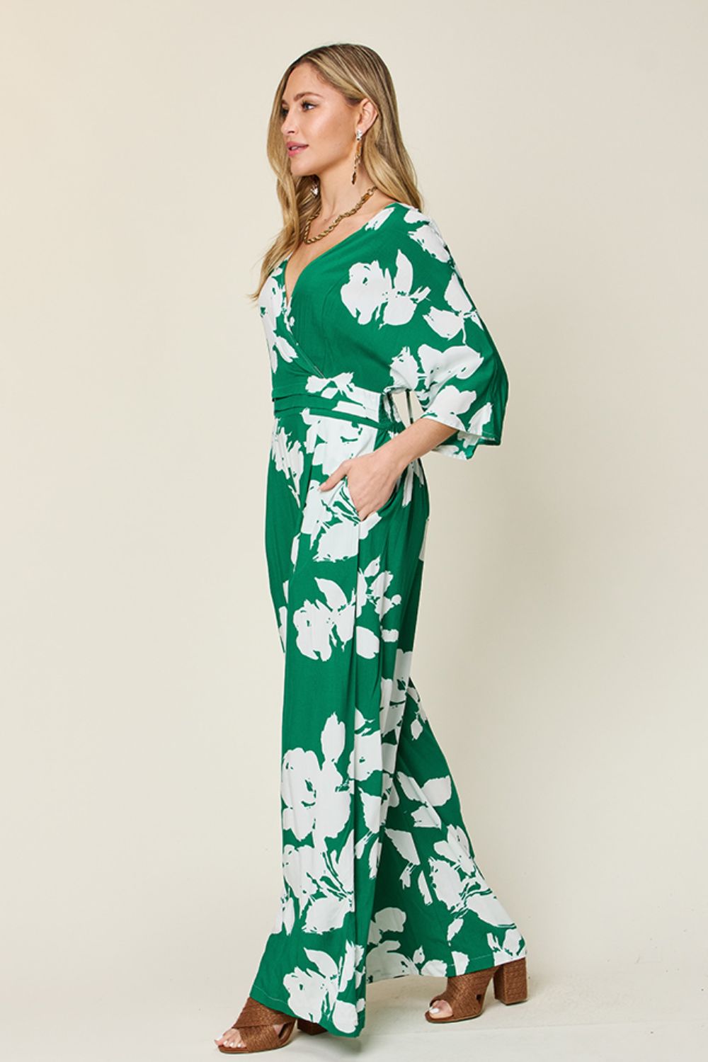 Double Take Full Size Printed Tie Back Wide Leg Jumpsuit - Luminous Bear Shop