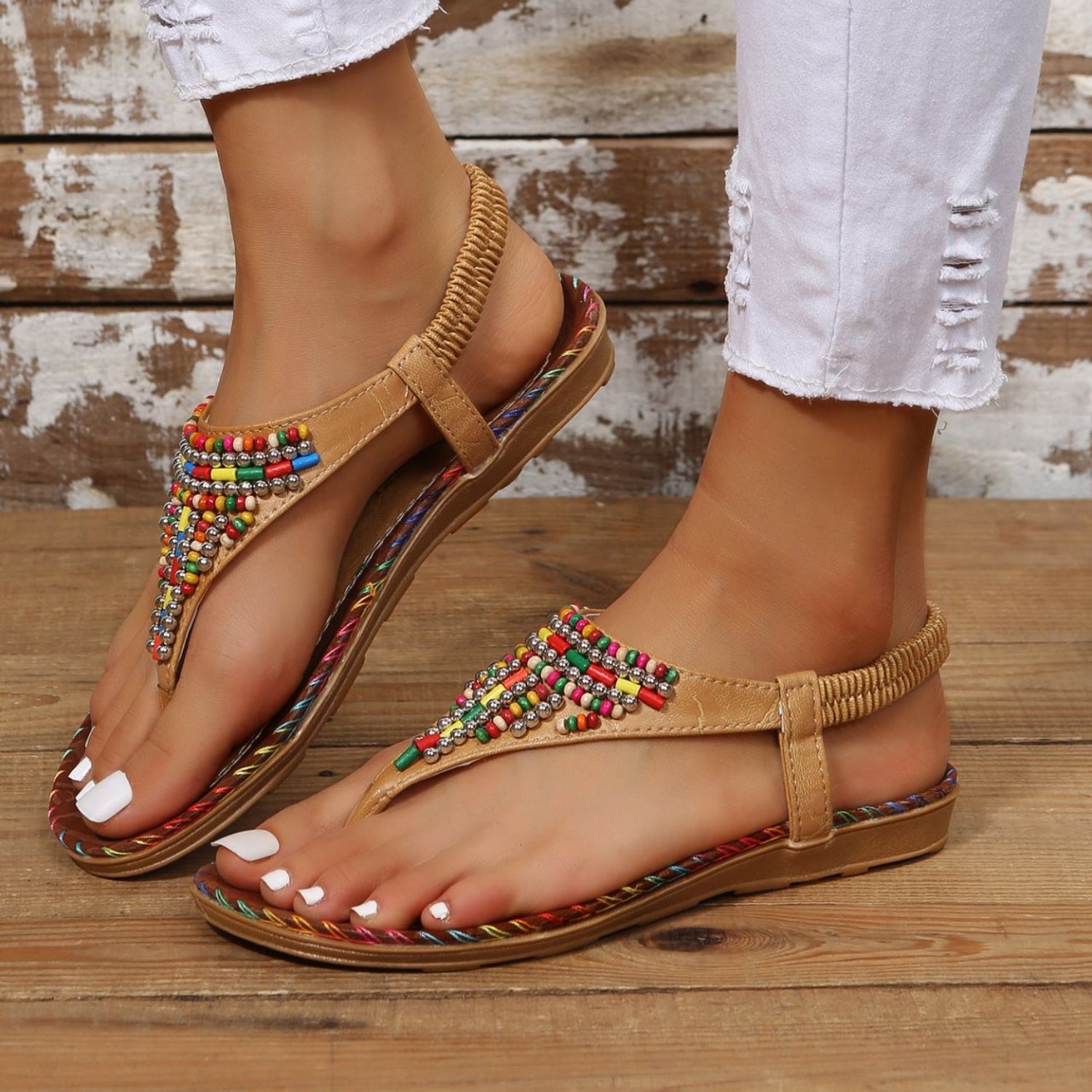 Beaded PU Leather Open Toe Sandals - Luminous Bear Shop