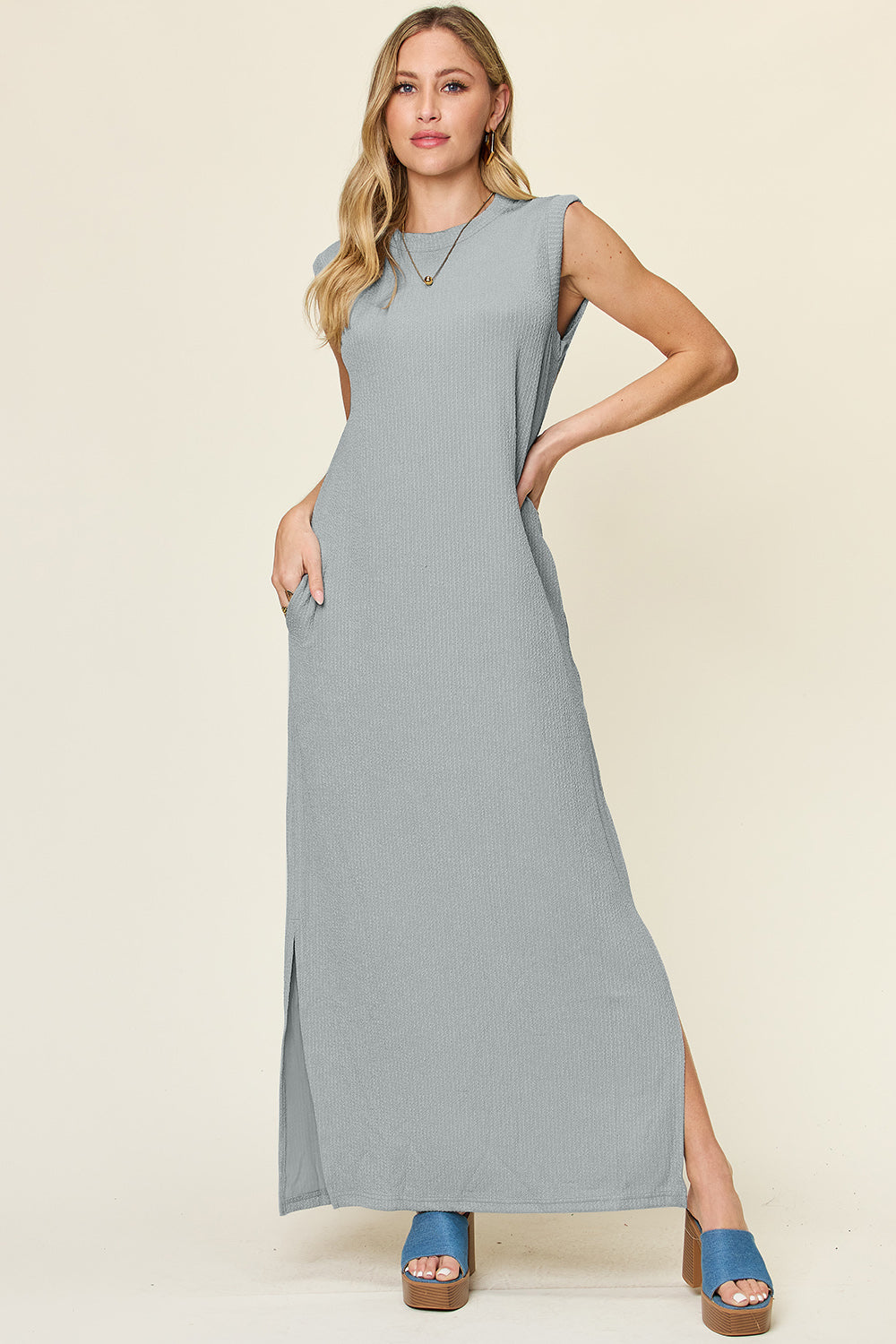 Double Take Full Size Texture Mock Neck Sleeveless Maxi Dress - Luminous Bear Shop