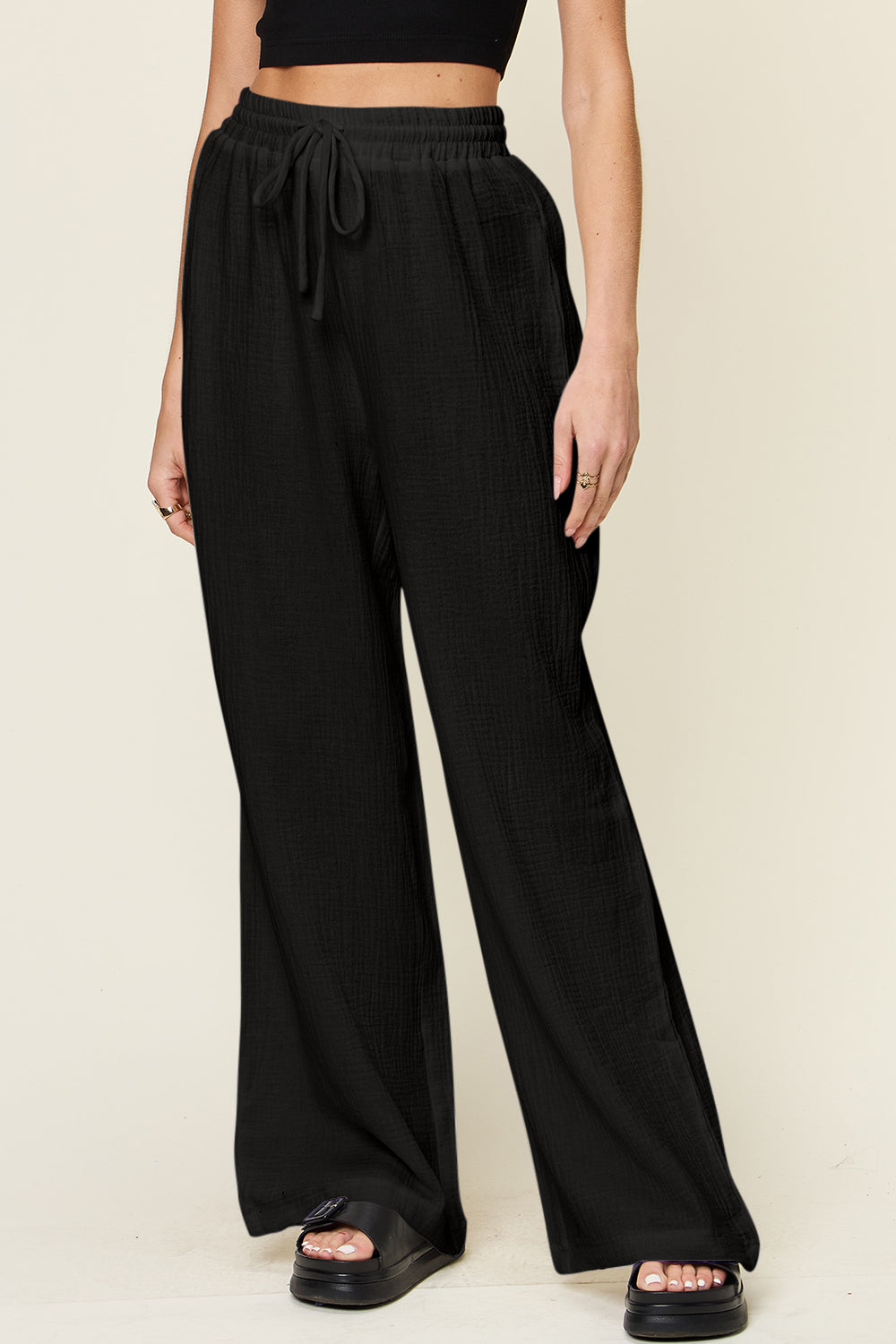 Double Take Full Size Texture Drawstring Wide Leg Pants - Luminous Bear Shop