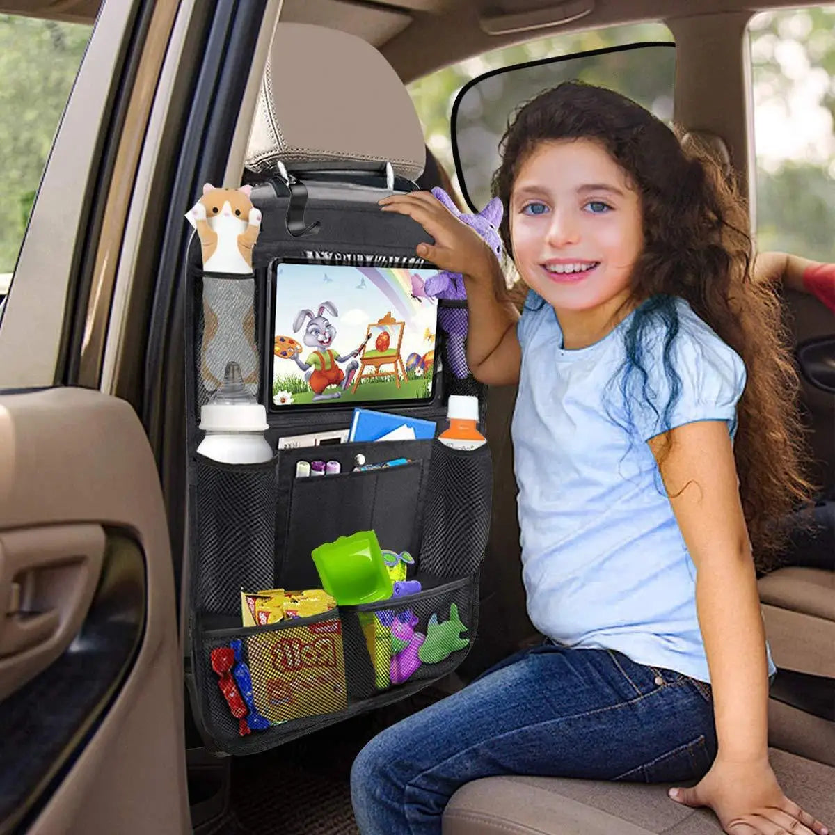 Multifunctional Car Seat Organizer – Backseat Storage Bag with Touchscreen Tablet Holder