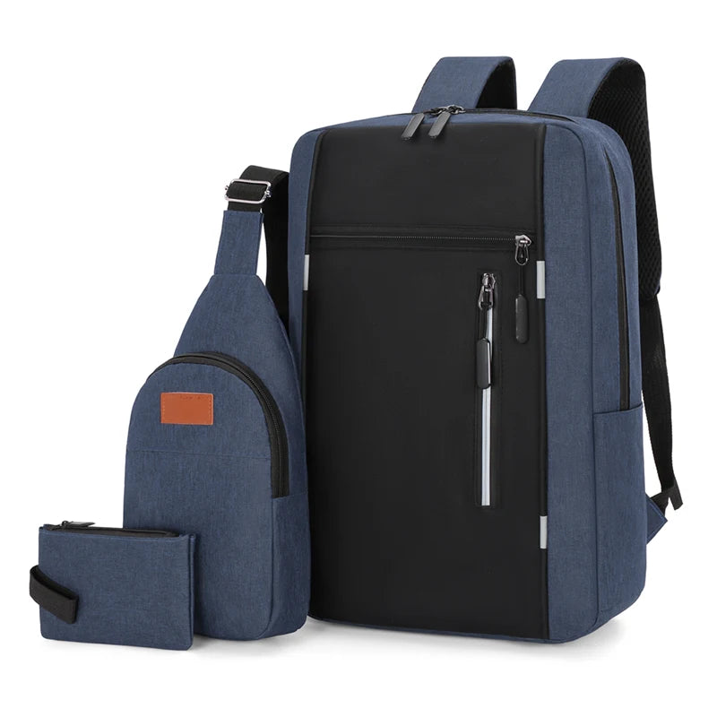 Modern 3-in-1 Waterproof Laptop Backpack Set, Black and Navy Blue, Multi-Compartment Computer Rucksack with Detachable Pouches, Casual Business Travel Bag