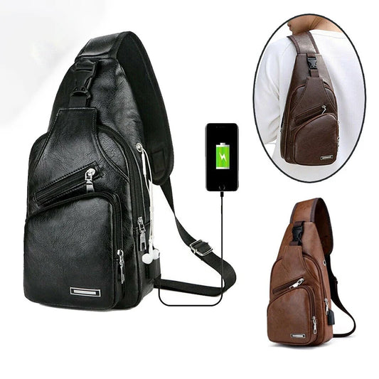 Fashion Leather Sling Bag – Men’s Chest Bag with USB Charging Port, Single Shoulder Briefcase for Outdoor & Daily Use