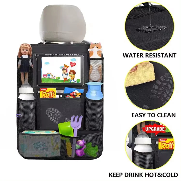 Multifunctional Car Seat Organizer – Backseat Storage Bag with Touchscreen Tablet Holder