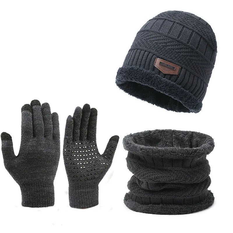 Winter Set Hat Scarves Touch Screen Gloves 3pcs Warm Men Women Fashion Thickening Plus Wool Neck Protect Cap Outdoor Riding