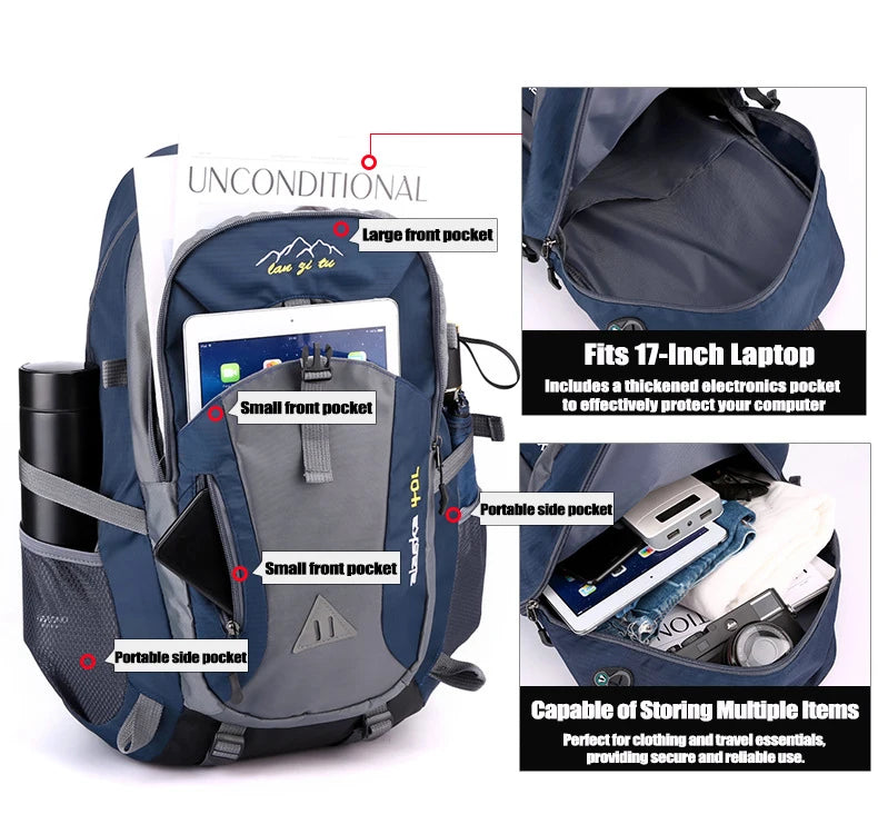 40L Hiking Backpack for Men & Women – Lightweight Outdoor Travel Daypack, Waterproof Camping Backpack with Multiple Compartments, Durable Sports & School Bag