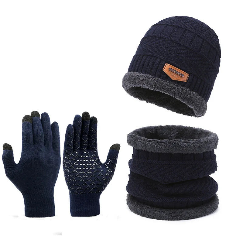 Winter Set Hat Scarves Touch Screen Gloves 3pcs Warm Men Women Fashion Thickening Plus Wool Neck Protect Cap Outdoor Riding