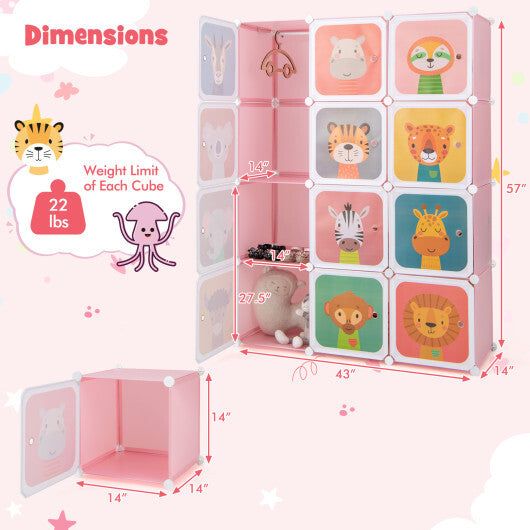 12 Cube Kids Wardrobe Closet with Hanging Section and Doors-Pink - Color: Pink