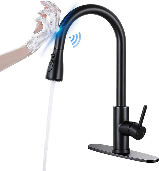 🖤 Modern Touch-Sensitive Stainless Steel Kitchen Faucet – Matte Black Pull-Out Single Handle Mixer Tap for Hot &amp; Cold Water