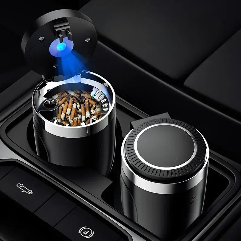 🚗 Car Ashtray with Lid – Smell-Proof Portable Ashtray Cup with Blue LED Light &amp; Fireproof Shell | One-Touch Open Auto Accessory