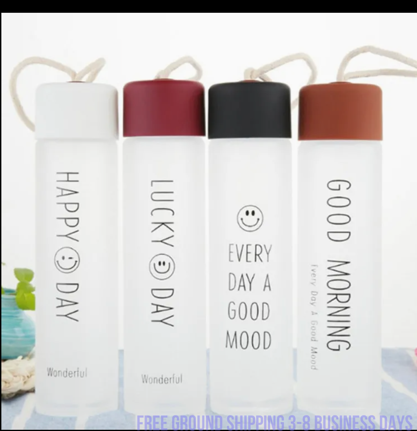 Set of 4  Glass Water Bottles – Cute Smiling Face Design, Stylish & Durable. Ship from USA