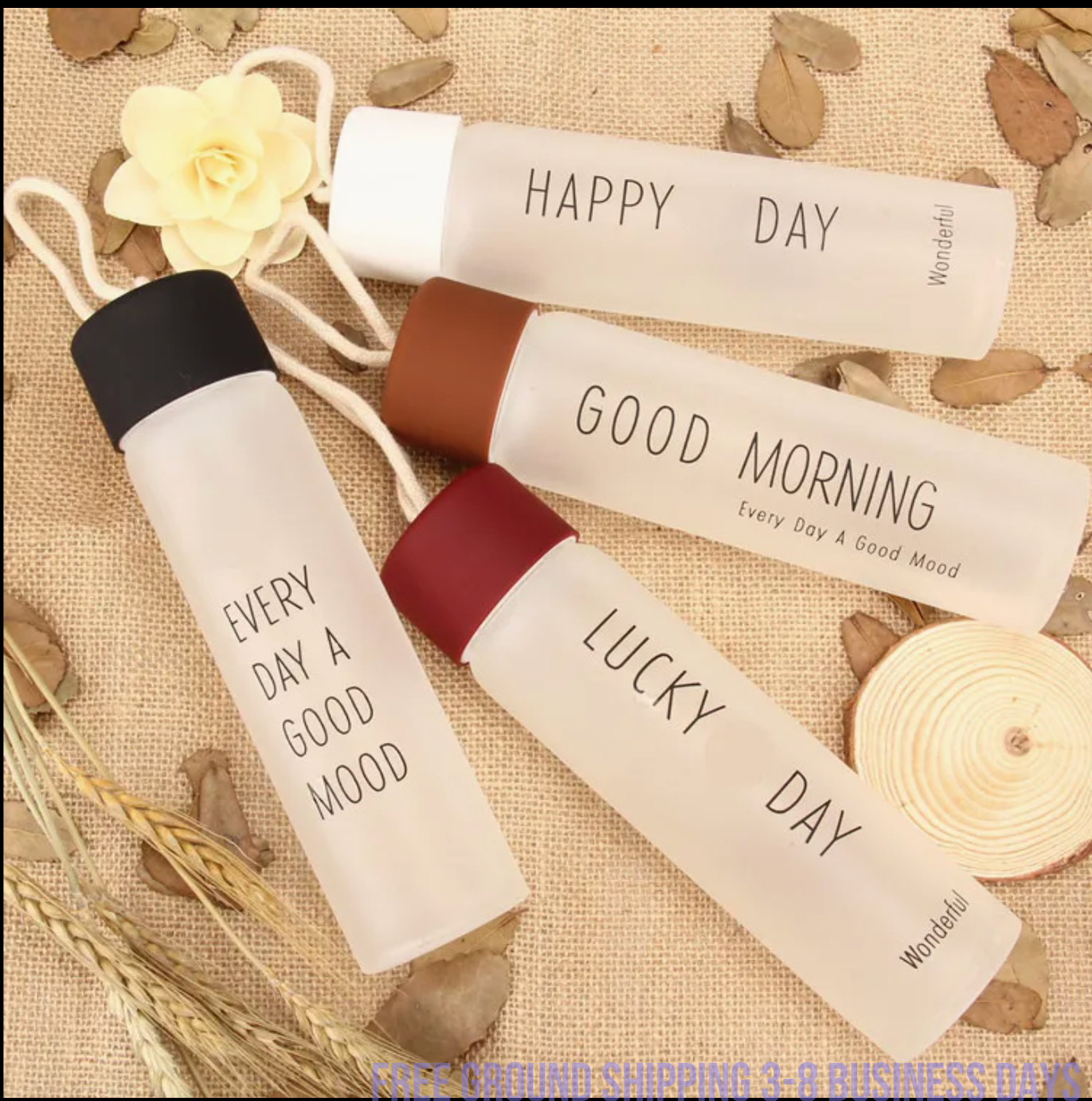 Set of 4  Glass Water Bottles – Cute Smiling Face Design, Stylish & Durable. Ship from USA