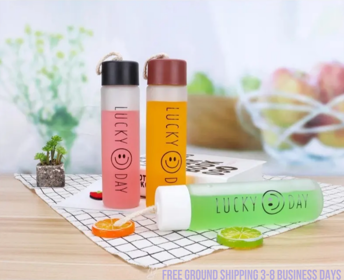 Set of 4  Glass Water Bottles – Cute Smiling Face Design, Stylish & Durable. Ship from USA