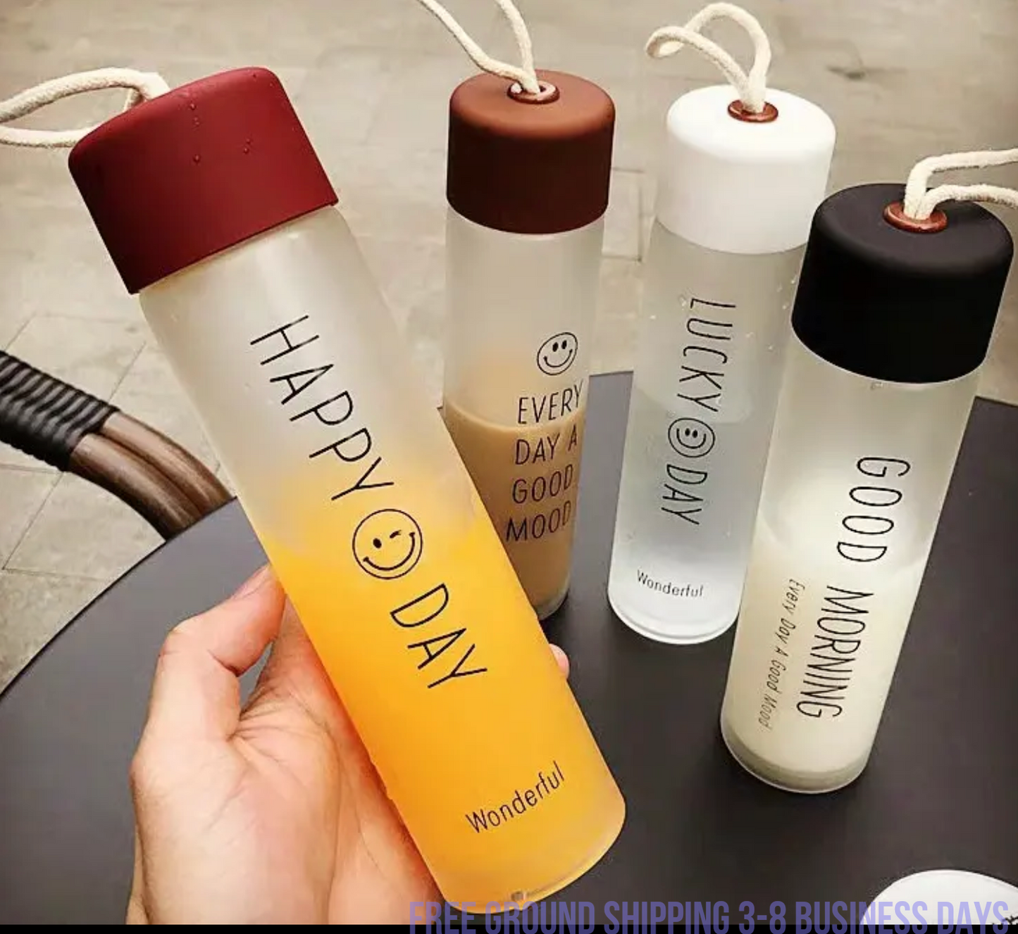 Set of 4  Glass Water Bottles – Cute Smiling Face Design, Stylish & Durable. Ship from USA