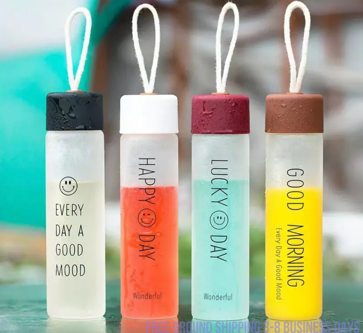 Set of 4  Glass Water Bottles – Cute Smiling Face Design, Stylish & Durable. Ship from USA