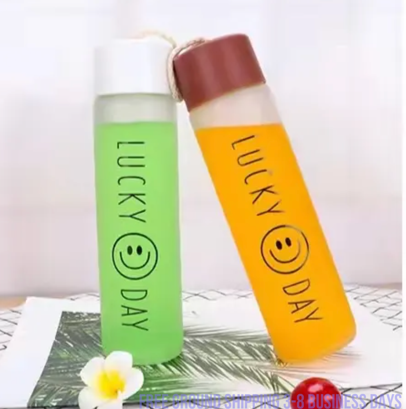 Set of 4  Glass Water Bottles – Cute Smiling Face Design, Stylish & Durable. Ship from USA