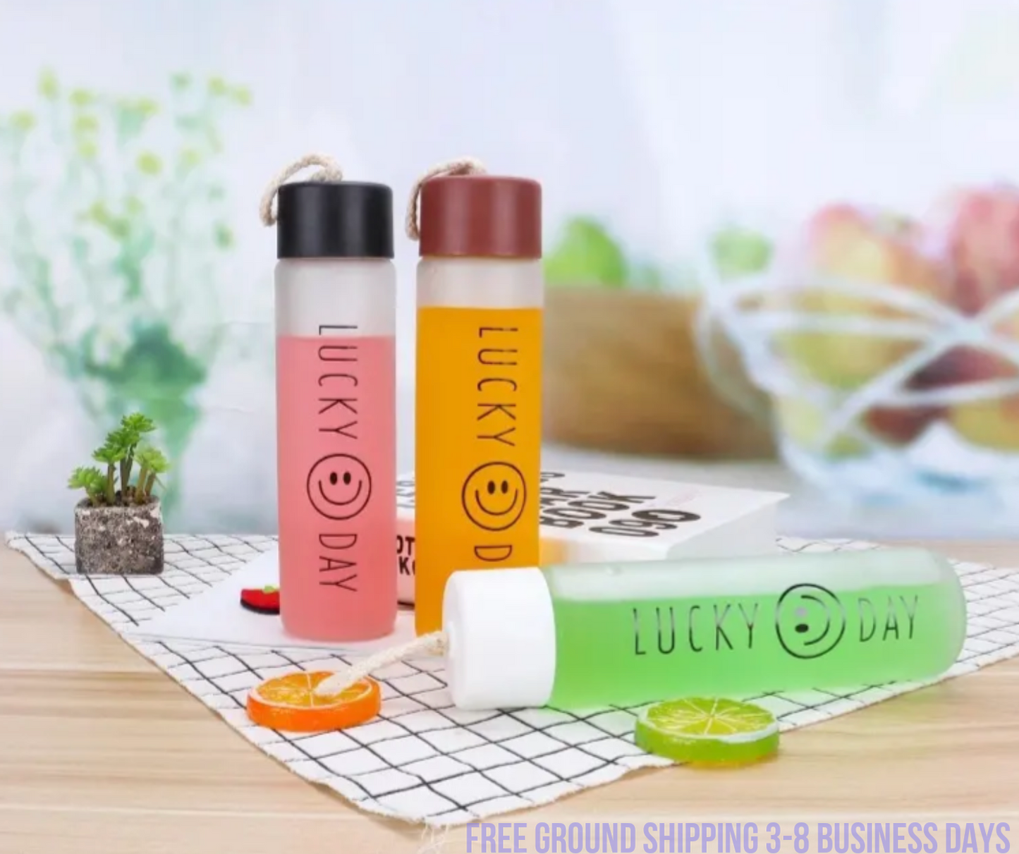 Set of 4  Glass Water Bottles – Cute Smiling Face Design, Stylish & Durable. Ship from USA