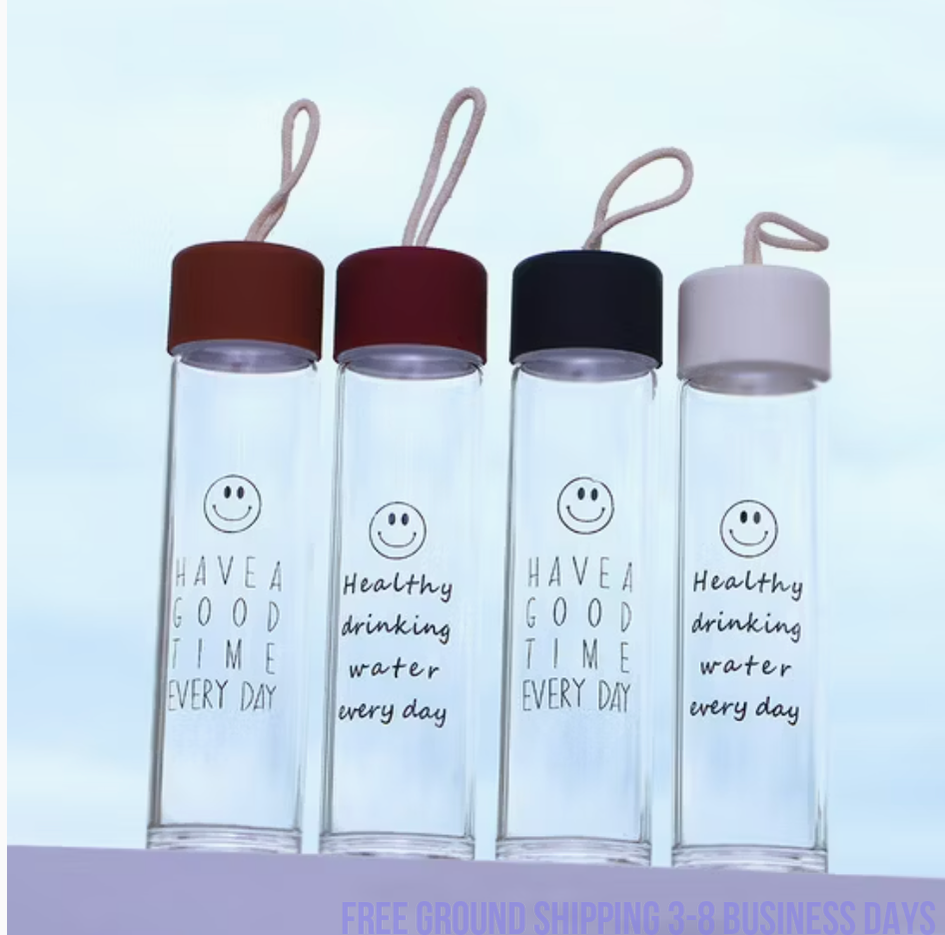 Set of 4  Glass Water Bottles – Cute Smiling Face Design, Stylish & Durable. Ship from USA