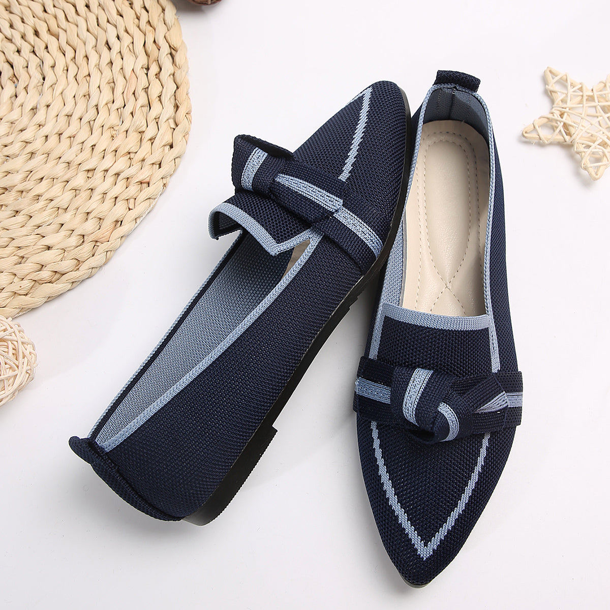 Bow Contrast Trim Point Toe Loafers - Luminous Bear Shop