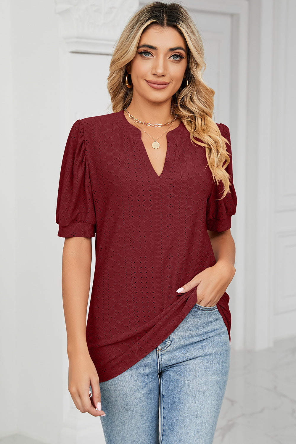 Eyelet Notched Short Sleeve T-Shirt - Luminous Bear Shop