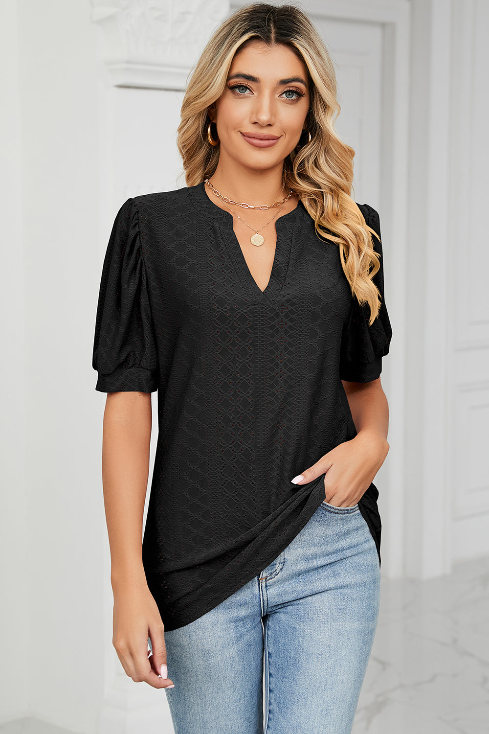 Eyelet Notched Short Sleeve T-Shirt - Luminous Bear Shop