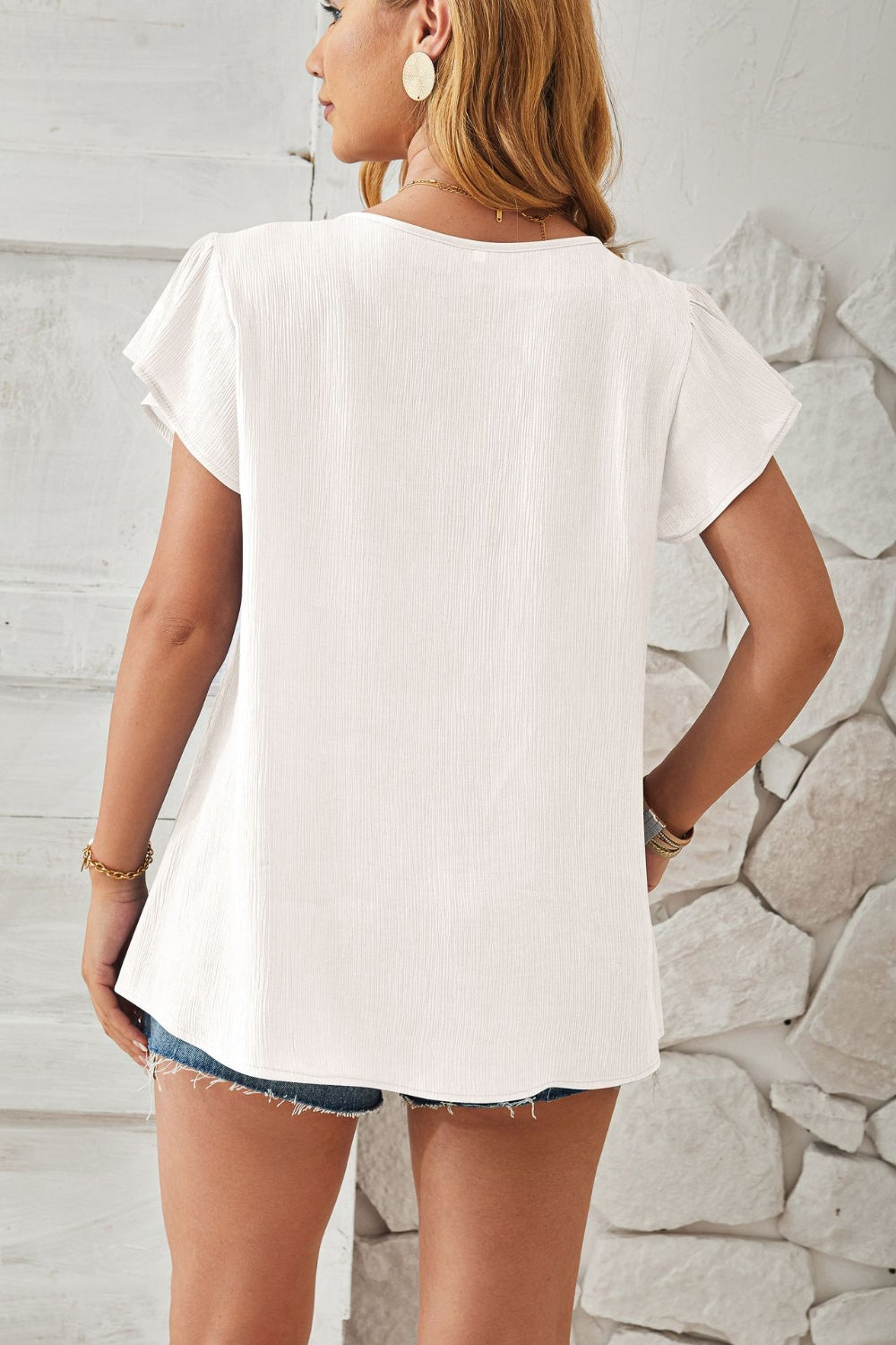 Ruched V-Neck Flounce Sleeve Blouse - Luminous Bear Shop