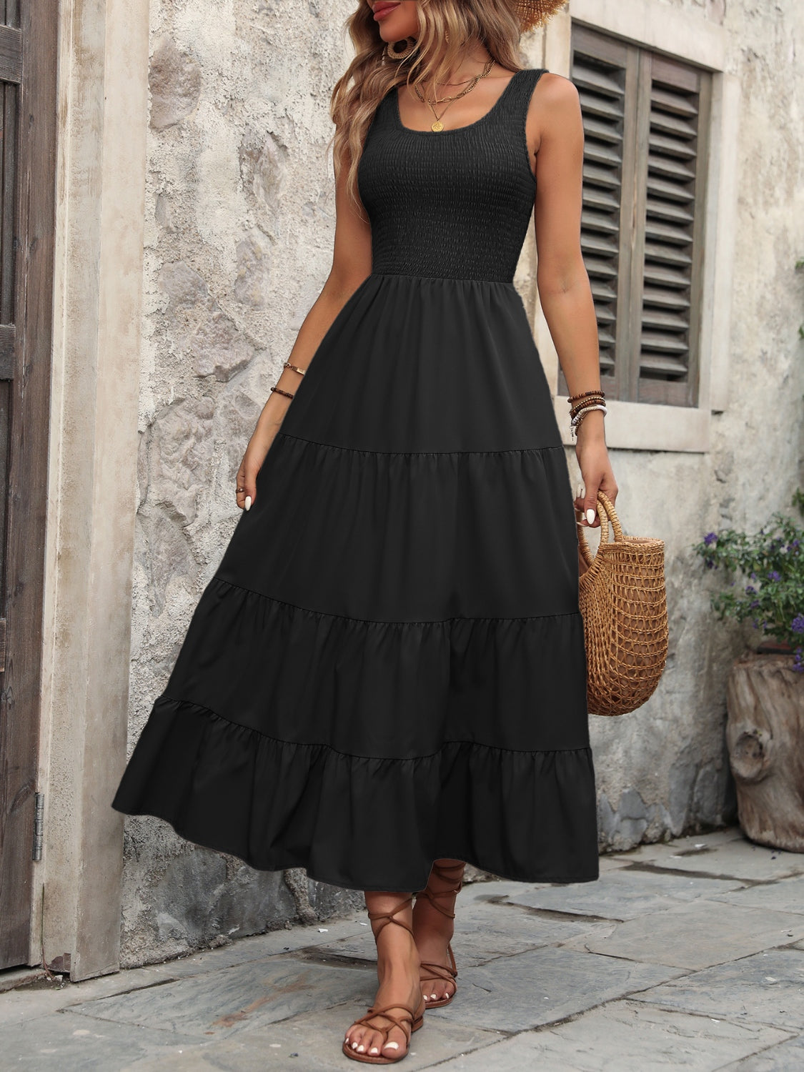 Smocked Scoop Neck Sleeveless Tank Dress - Luminous Bear Shop