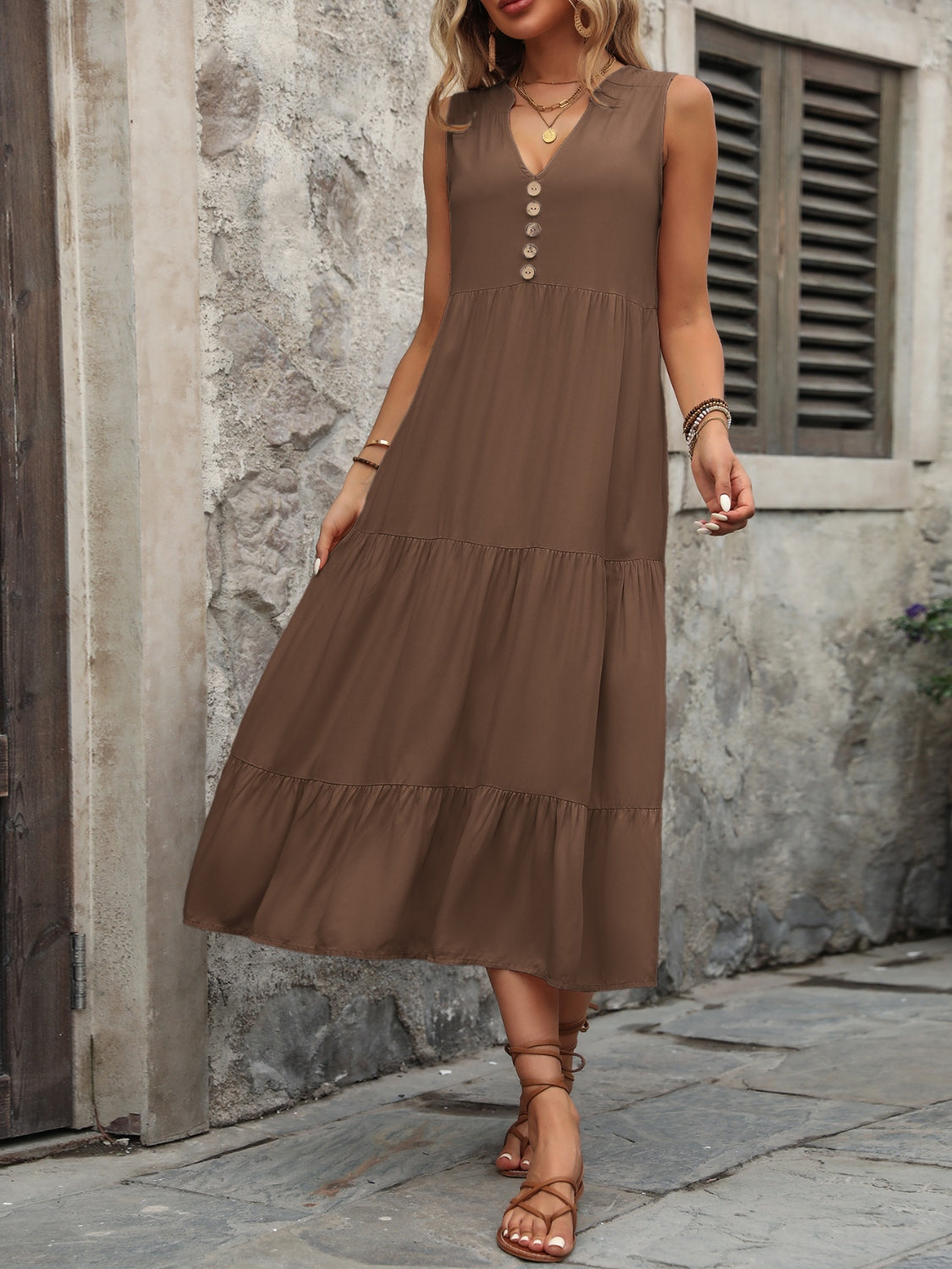 Decorative Button Notched Sleeveless Dress - Luminous Bear Shop