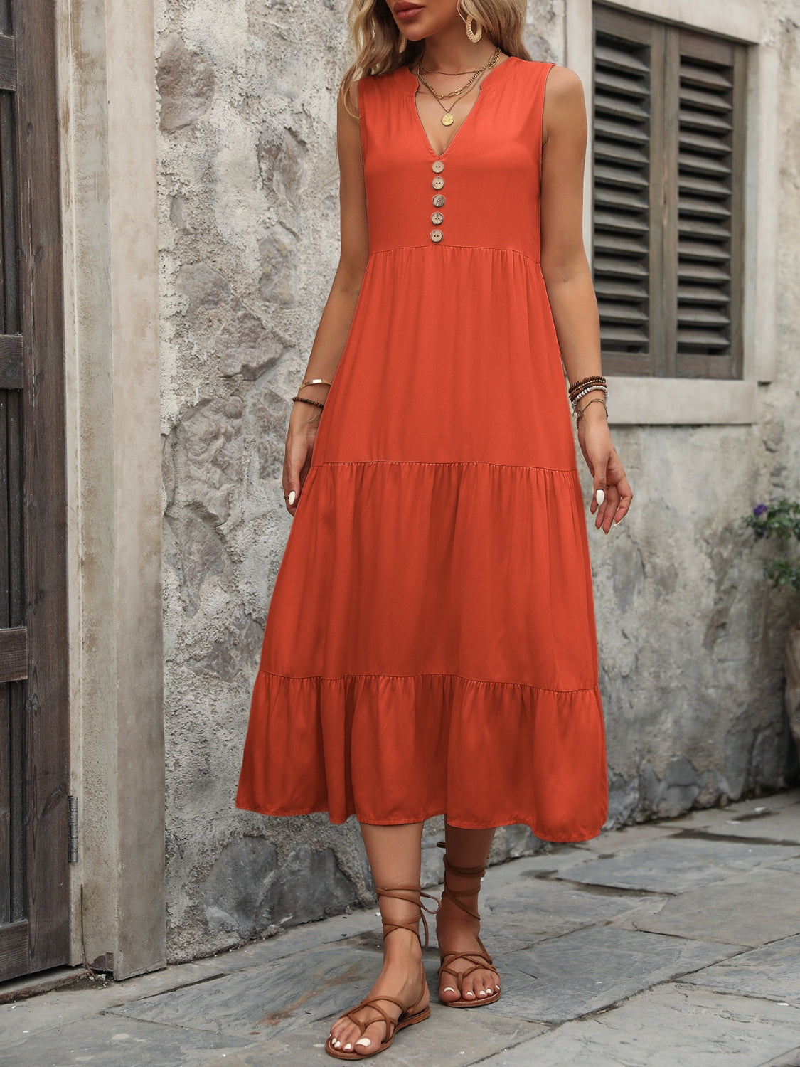 Decorative Button Notched Sleeveless Dress - Luminous Bear Shop