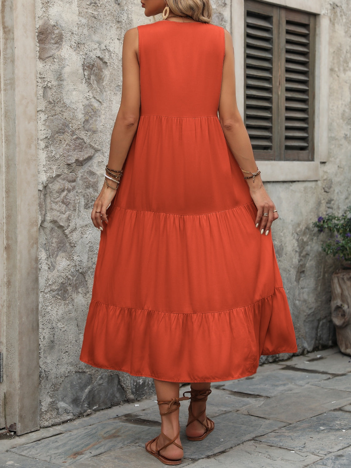Decorative Button Notched Sleeveless Dress - Luminous Bear Shop