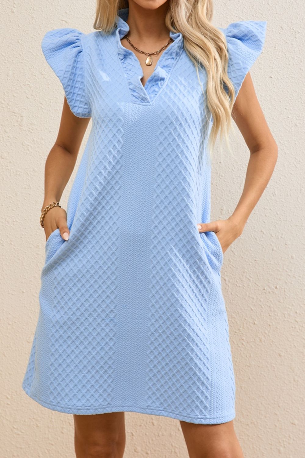 Ruffled V-Neck Cap Sleeve Mini Dress - Luminous Bear Shop
