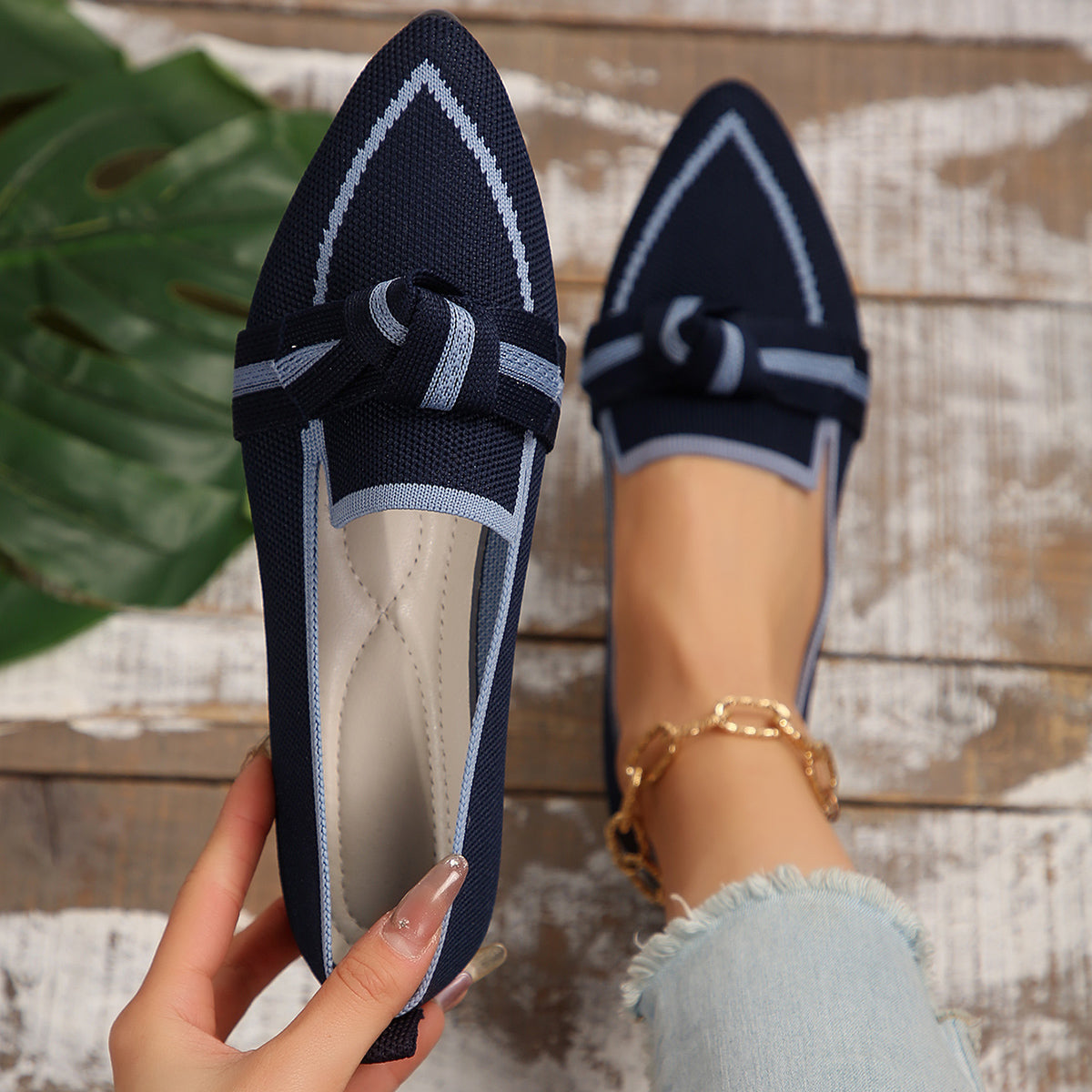 Bow Contrast Trim Point Toe Loafers - Luminous Bear Shop