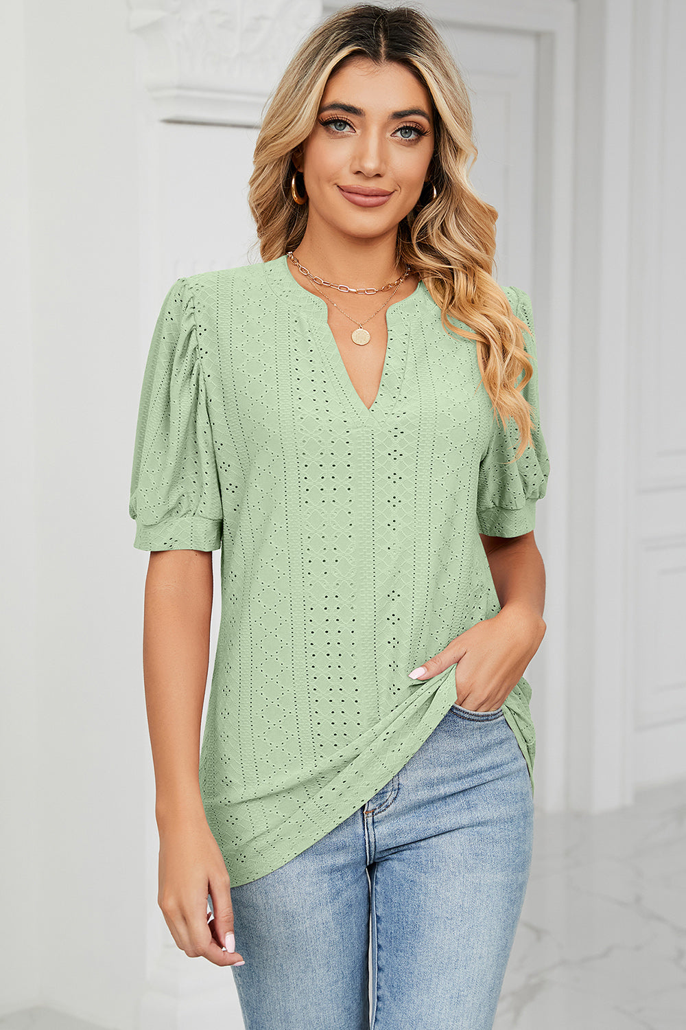 Eyelet Notched Short Sleeve T-Shirt - Luminous Bear Shop