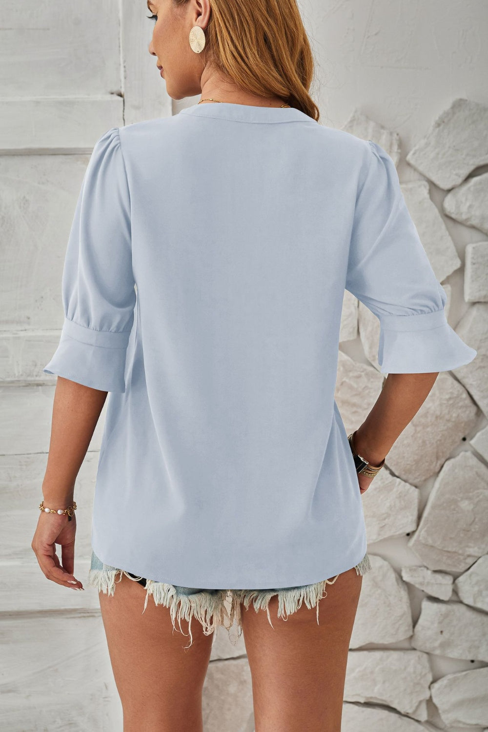 Notched Half Sleeve Blouse - Luminous Bear Shop