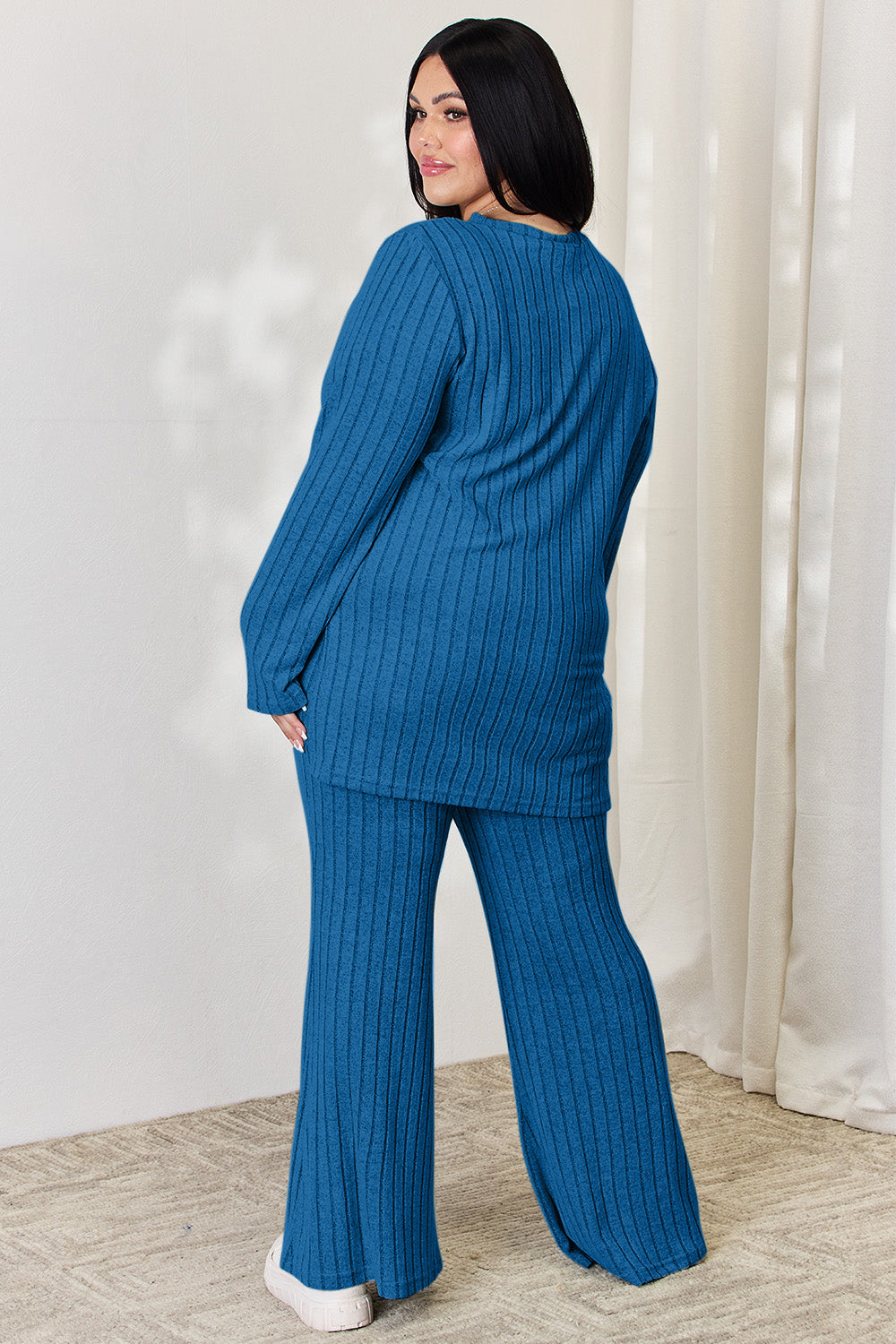 Basic Bae Full Size Ribbed High-Low Top and Wide Leg Pants Set - Luminous Bear Shop