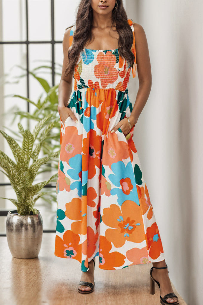 Smocked Printed Square Neck Dress - Luminous Bear Shop