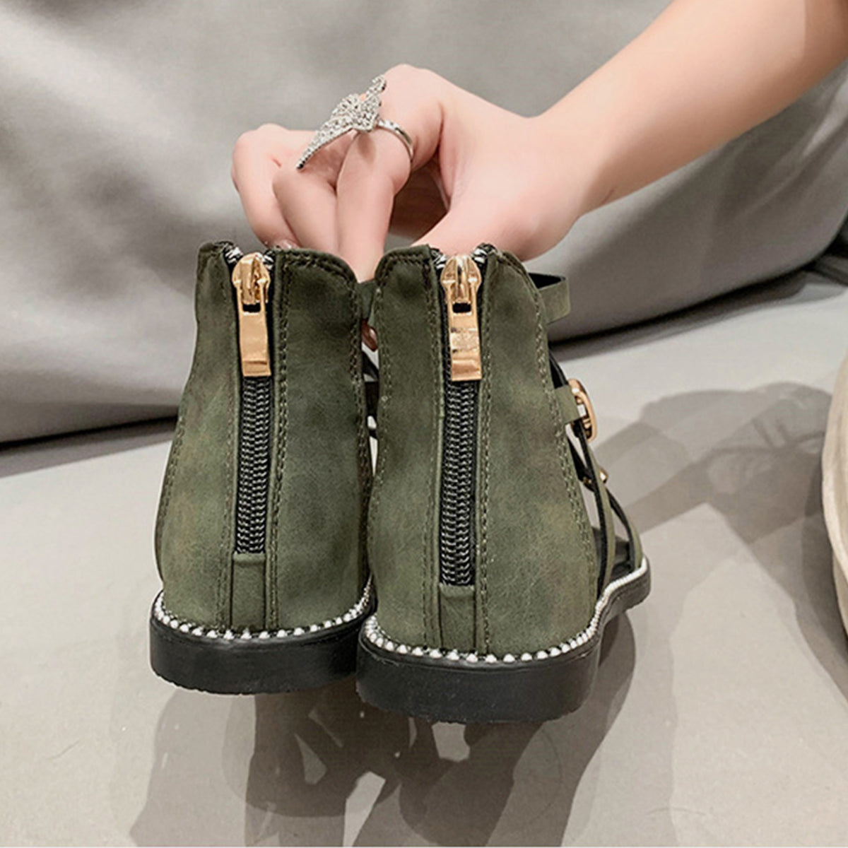 Open Toe Back Zipper Flat Sandals - Luminous Bear Shop