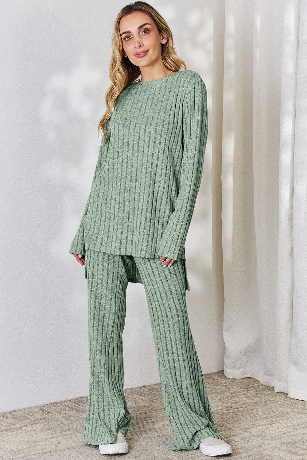 Basic Bae Full Size Ribbed High-Low Top and Wide Leg Pants Set - Luminous Bear Shop