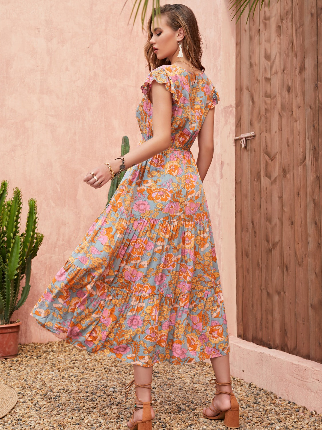 Ruffled Printed V-Neck Cap Sleeve Tiered Dress - Luminous Bear Shop